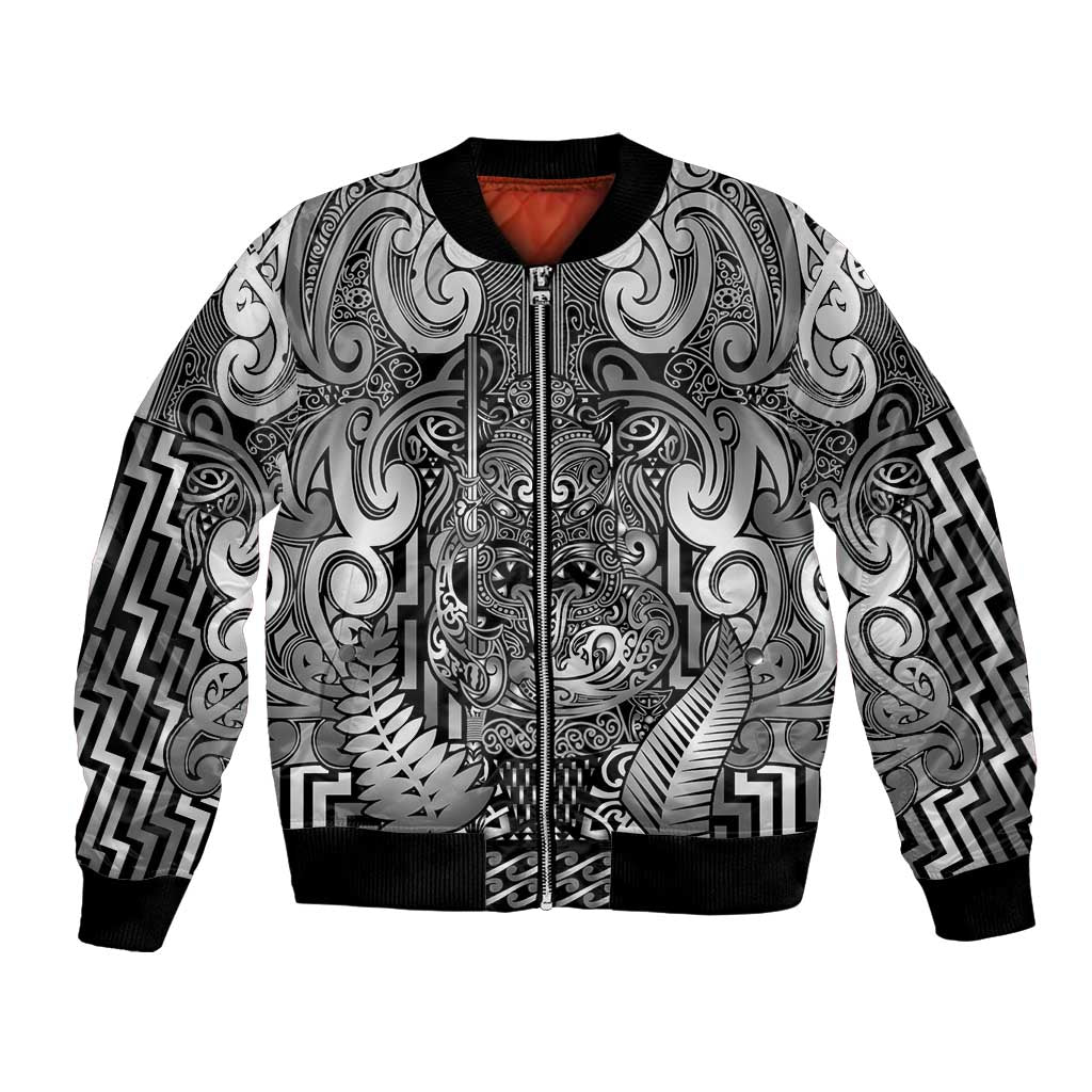 Custom New Zealand Taiaha Maori Bomber Jacket Kiwikiwi Minimalist Silver Fern Tukutuku Motif LT9 Unisex White - Polynesian Pride