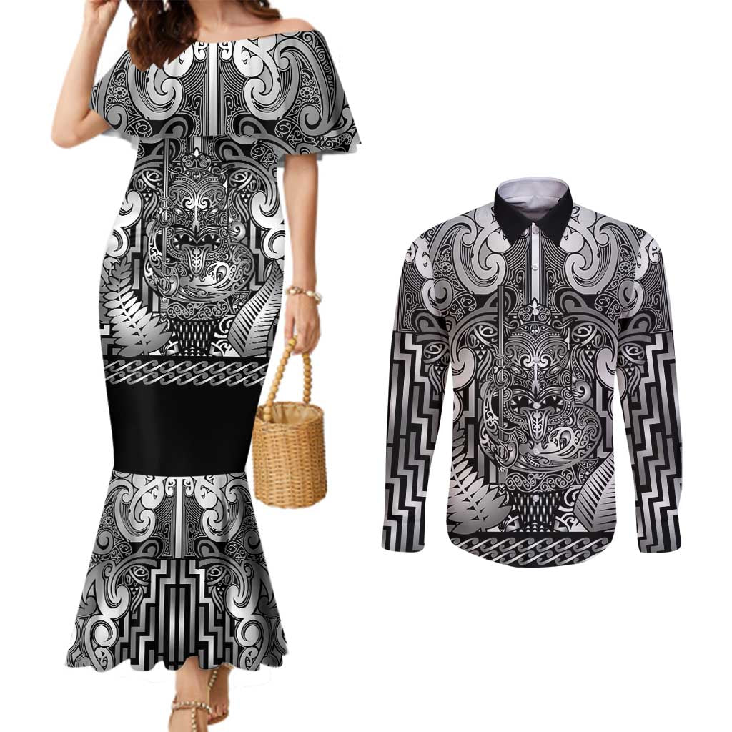 Custom New Zealand Taiaha Maori Couples Matching Mermaid Dress and Long Sleeve Button Shirt Kiwikiwi Minimalist Silver Fern Tukutuku Motif LT9 White - Polynesian Pride