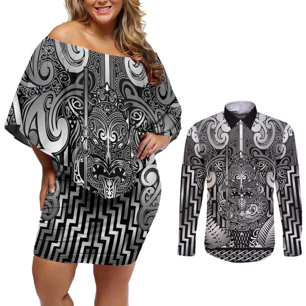 Custom New Zealand Taiaha Maori Couples Matching Off Shoulder Short Dress and Long Sleeve Button Shirt Kiwikiwi Minimalist Silver Fern Tukutuku Motif LT9 White - Polynesian Pride