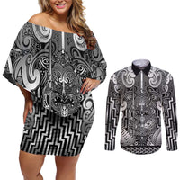 Custom New Zealand Taiaha Maori Couples Matching Off Shoulder Short Dress and Long Sleeve Button Shirt Kiwikiwi Minimalist Silver Fern Tukutuku Motif LT9 White - Polynesian Pride