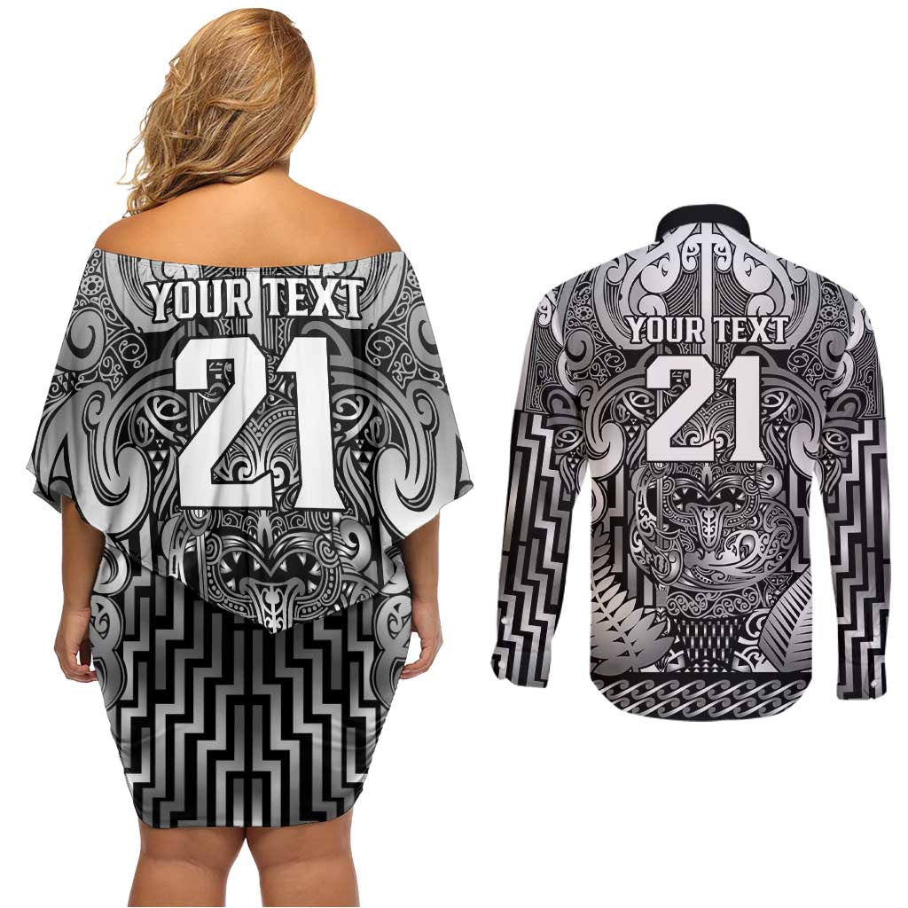 Custom New Zealand Taiaha Maori Couples Matching Off Shoulder Short Dress and Long Sleeve Button Shirt Kiwikiwi Minimalist Silver Fern Tukutuku Motif LT9 - Polynesian Pride