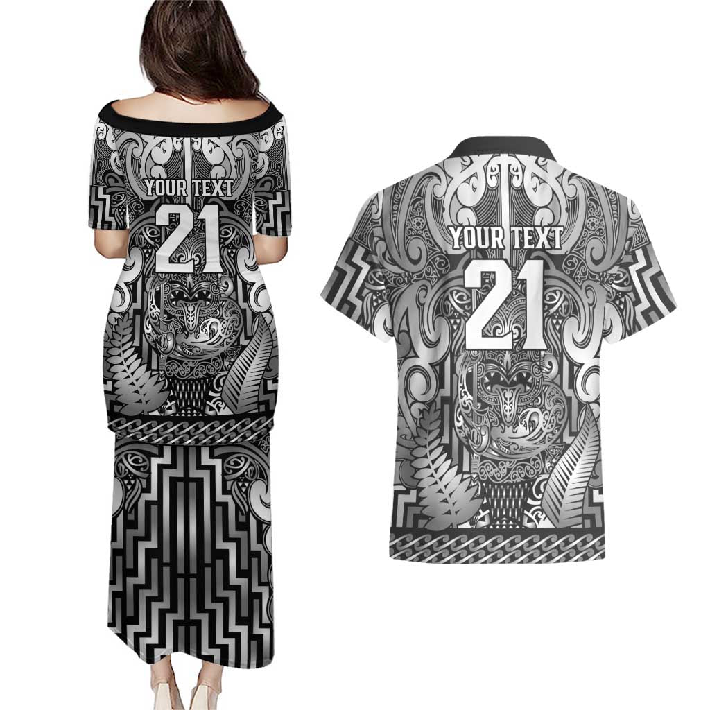 Custom New Zealand Taiaha Maori Couples Matching Puletasi and Hawaiian Shirt Kiwikiwi Minimalist Silver Fern Tukutuku Motif LT9 - Polynesian Pride