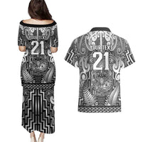 Custom New Zealand Taiaha Maori Couples Matching Puletasi and Hawaiian Shirt Kiwikiwi Minimalist Silver Fern Tukutuku Motif LT9 - Polynesian Pride