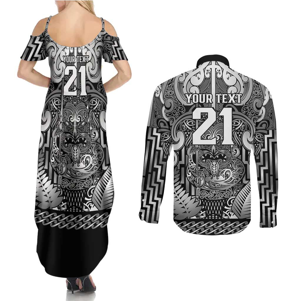 Custom New Zealand Taiaha Maori Couples Matching Summer Maxi Dress and Long Sleeve Button Shirt Kiwikiwi Minimalist Silver Fern Tukutuku Motif LT9 - Polynesian Pride