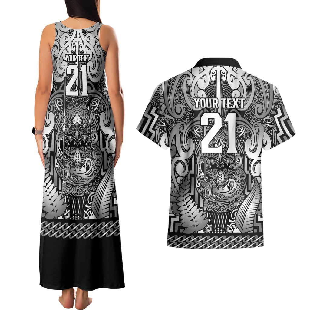 Custom New Zealand Taiaha Maori Couples Matching Tank Maxi Dress and Hawaiian Shirt Kiwikiwi Minimalist Silver Fern Tukutuku Motif LT9 - Polynesian Pride