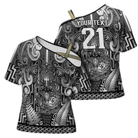 Custom New Zealand Taiaha Maori Cross Shoulder Shirt Kiwikiwi Minimalist Silver Fern Tukutuku Motif LT9 - Polynesian Pride