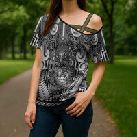 Custom New Zealand Taiaha Maori Cross Shoulder Shirt Kiwikiwi Minimalist Silver Fern Tukutuku Motif LT9 - Polynesian Pride