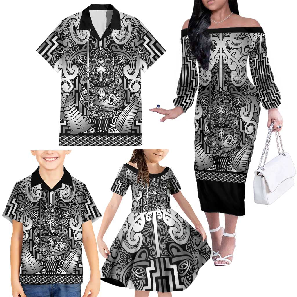 Custom New Zealand Taiaha Maori Family Matching Off The Shoulder Long Sleeve Dress and Hawaiian Shirt Kiwikiwi Minimalist Silver Fern Tukutuku Motif