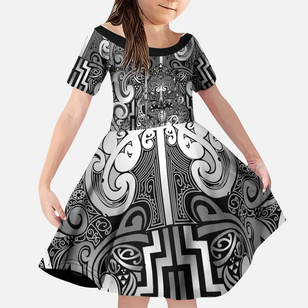Custom New Zealand Taiaha Maori Family Matching Off Shoulder Maxi Dress and Hawaiian Shirt Kiwikiwi Minimalist Silver Fern Tukutuku Motif LT9 Daughter's Dress White - Polynesian Pride