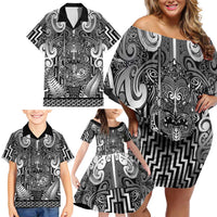 Custom New Zealand Taiaha Maori Family Matching Off Shoulder Short Dress and Hawaiian Shirt Kiwikiwi Minimalist Silver Fern Tukutuku Motif LT9 - Polynesian Pride
