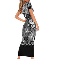Custom New Zealand Taiaha Maori Family Matching Short Sleeve Bodycon Dress and Hawaiian Shirt Kiwikiwi Minimalist Silver Fern Tukutuku Motif LT9 - Polynesian Pride
