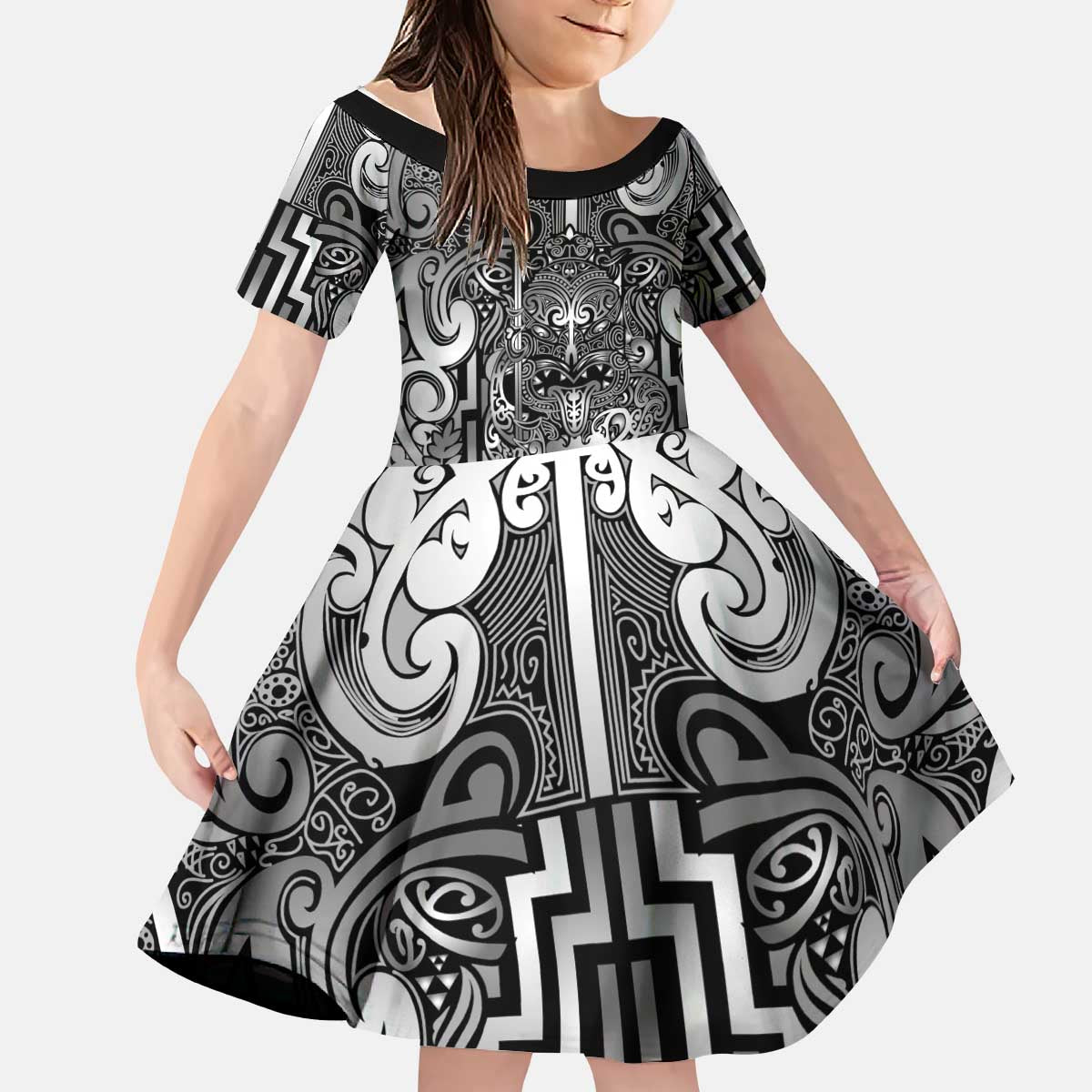 Custom New Zealand Taiaha Maori Kid Short Sleeve Dress Kiwikiwi Minimalist Silver Fern Tukutuku Motif LT9 KID White - Polynesian Pride