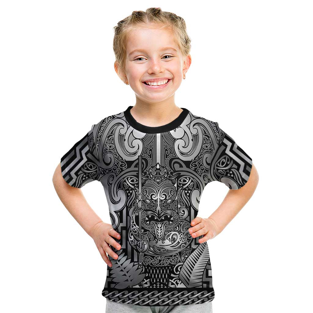 Custom New Zealand Taiaha Maori Kid T Shirt Kiwikiwi Minimalist Silver Fern Tukutuku Motif