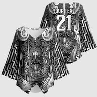 Custom New Zealand Taiaha Maori Kimono Sleeve Blouse Kiwikiwi Minimalist Silver Fern Tukutuku Motif LT9 - Polynesian Pride
