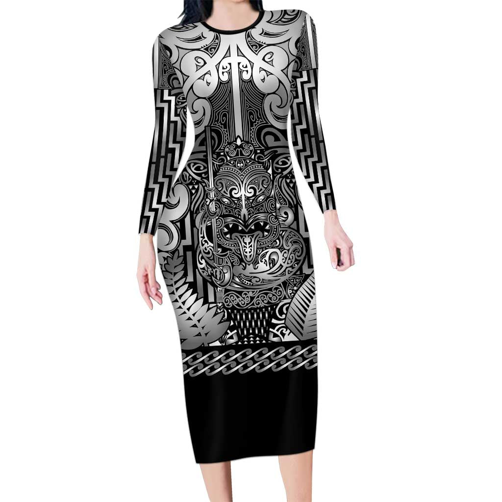 Custom New Zealand Taiaha Maori Long Sleeve Bodycon Dress Kiwikiwi Minimalist Silver Fern Tukutuku Motif LT9 Long Dress White - Polynesian Pride