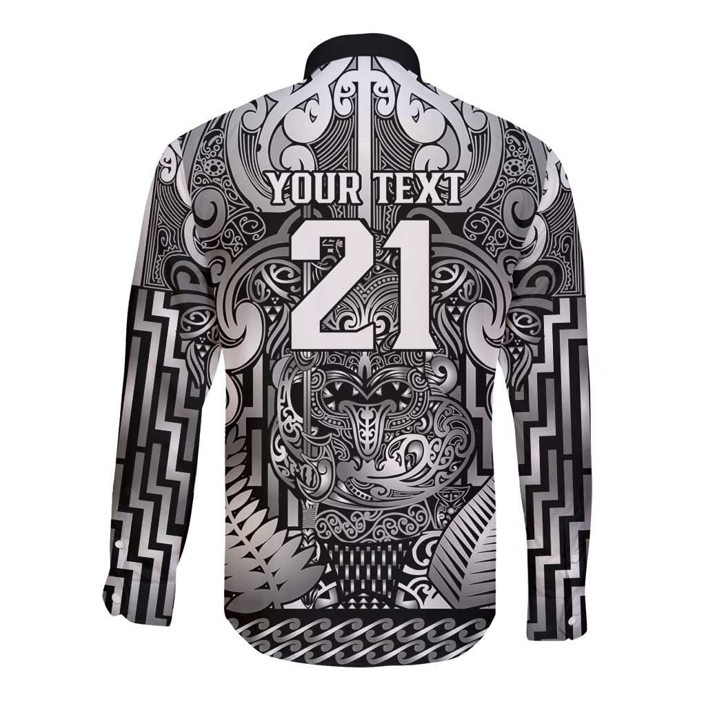 Custom New Zealand Taiaha Maori Long Sleeve Button Shirt Kiwikiwi Minimalist Silver Fern Tukutuku Motif LT9 - Polynesian Pride