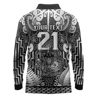 Custom New Zealand Taiaha Maori Long Sleeve Polo Shirt Kiwikiwi Minimalist Silver Fern Tukutuku Motif LT9 - Polynesian Pride