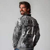 Custom New Zealand Taiaha Maori Long Sleeve Polo Shirt Kiwikiwi Minimalist Silver Fern Tukutuku Motif LT9 - Polynesian Pride