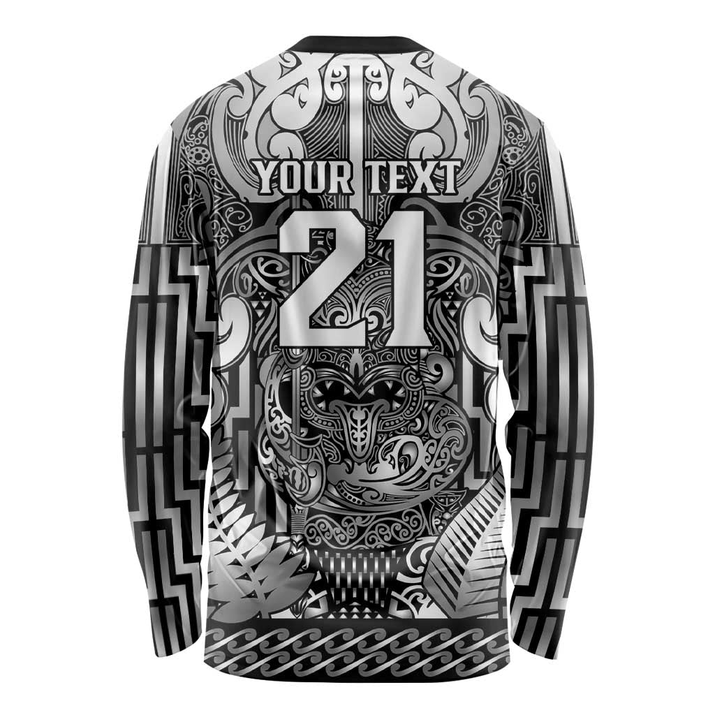 Custom New Zealand Taiaha Maori Long Sleeve Shirt Kiwikiwi Minimalist Silver Fern Tukutuku Motif LT9 - Polynesian Pride