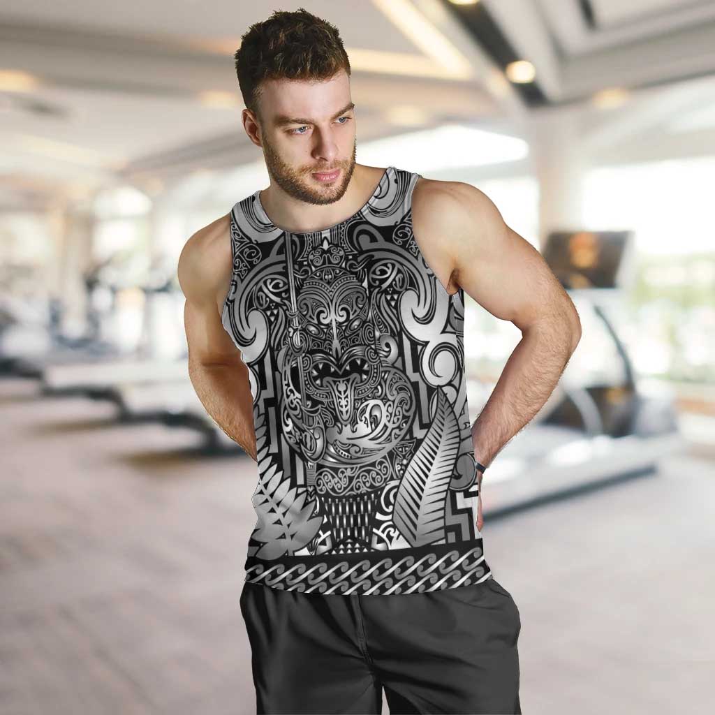 Custom New Zealand Taiaha Maori Men Tank Top Kiwikiwi Minimalist Silver Fern Tukutuku Motif LT9 White - Polynesian Pride