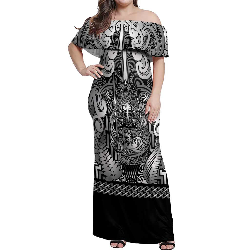 Custom New Zealand Taiaha Maori Off Shoulder Maxi Dress Kiwikiwi Minimalist Silver Fern Tukutuku Motif LT9 Women White - Polynesian Pride