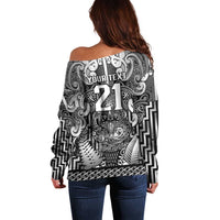 Custom New Zealand Taiaha Maori Off Shoulder Sweater Kiwikiwi Minimalist Silver Fern Tukutuku Motif LT9 - Polynesian Pride