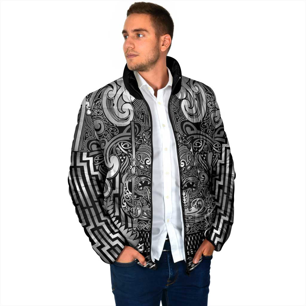 Custom New Zealand Taiaha Maori Padded Jacket Kiwikiwi Minimalist Silver Fern Tukutuku Motif LT9 - Polynesian Pride