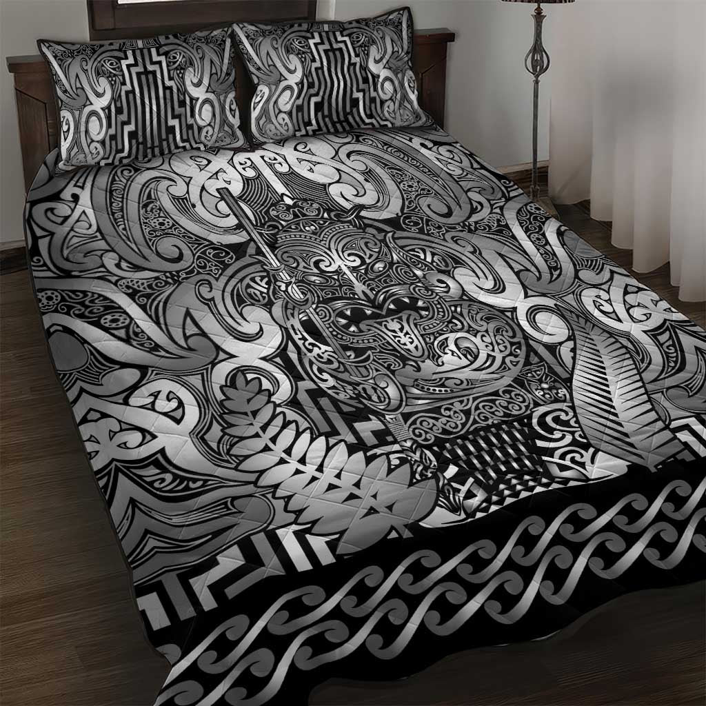 New Zealand Taiaha Maori Quilt Bed Set Kiwikiwi Minimalist Silver Fern Tukutuku Motif LT9 White - Polynesian Pride