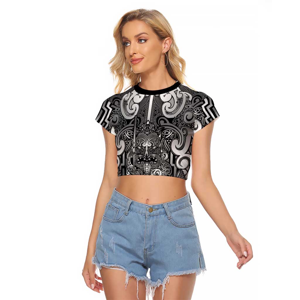 Custom New Zealand Taiaha Maori Raglan Cropped T Shirt Kiwikiwi Minimalist Silver Fern Tukutuku Motif LT9 Female White - Polynesian Pride