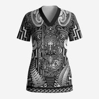 Custom New Zealand Taiaha Maori Scrub Top Kiwikiwi Minimalist Silver Fern Tukutuku Motif LT9 Adult White - Polynesian Pride