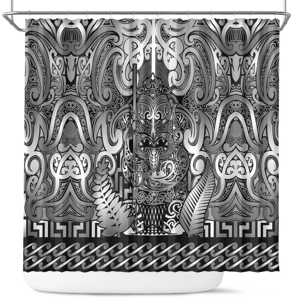 New Zealand Taiaha Maori Shower Curtain Kiwikiwi Minimalist Silver Fern Tukutuku Motif LT9 White - Polynesian Pride