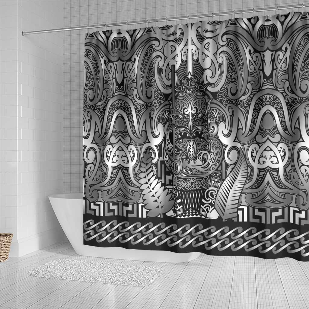 New Zealand Taiaha Maori Shower Curtain Kiwikiwi Minimalist Silver Fern Tukutuku Motif LT9 - Polynesian Pride