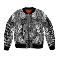 Custom New Zealand Taiaha Maori Sleeve Zip Bomber Jacket Kiwikiwi Minimalist Silver Fern Tukutuku Motif LT9 Unisex White - Polynesian Pride