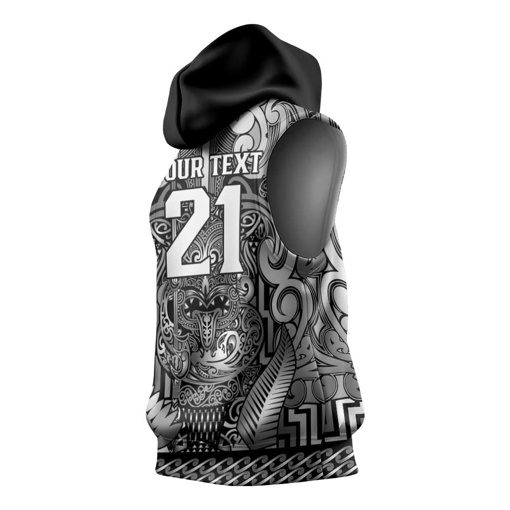 Custom New Zealand Taiaha Maori Sleeveless Hoodie Kiwikiwi Minimalist Silver Fern Tukutuku Motif LT9 - Polynesian Pride
