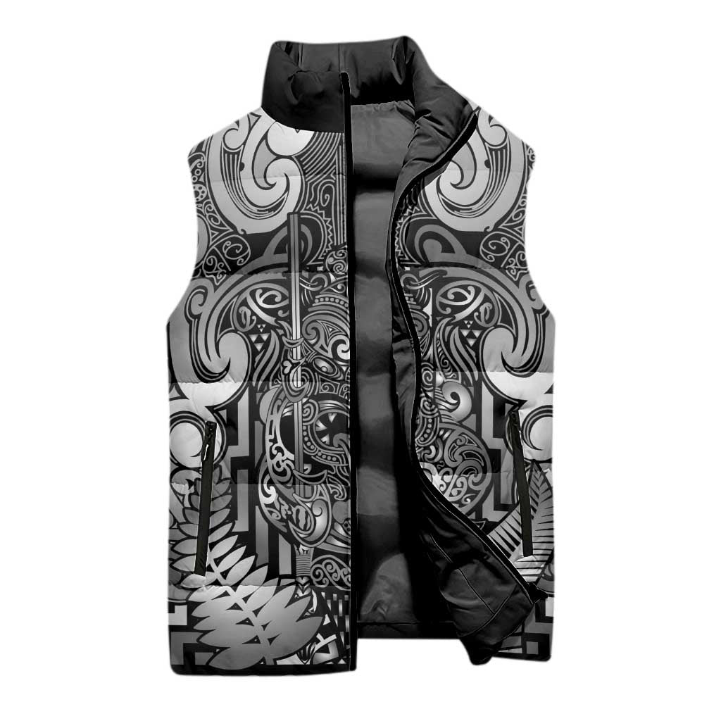 Custom New Zealand Taiaha Maori Sleeveless Puffer Jacket Kiwikiwi Minimalist Silver Fern Tukutuku Motif LT9 - Polynesian Pride