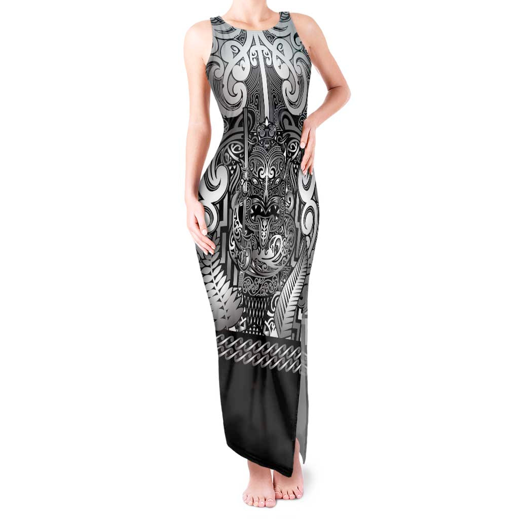 Custom New Zealand Taiaha Maori Tank Maxi Dress Kiwikiwi Minimalist Silver Fern Tukutuku Motif LT9 Women White - Polynesian Pride