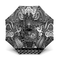 New Zealand Taiaha Maori Umbrella Kiwikiwi Minimalist Silver Fern Tukutuku Motif LT9 One Size Folded 11.42 inch Opened Diameter 37.4 inch White - Polynesian Pride