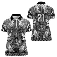 Custom New Zealand Taiaha Maori Women Polo Shirt Kiwikiwi Minimalist Silver Fern Tukutuku Motif LT9 - Polynesian Pride