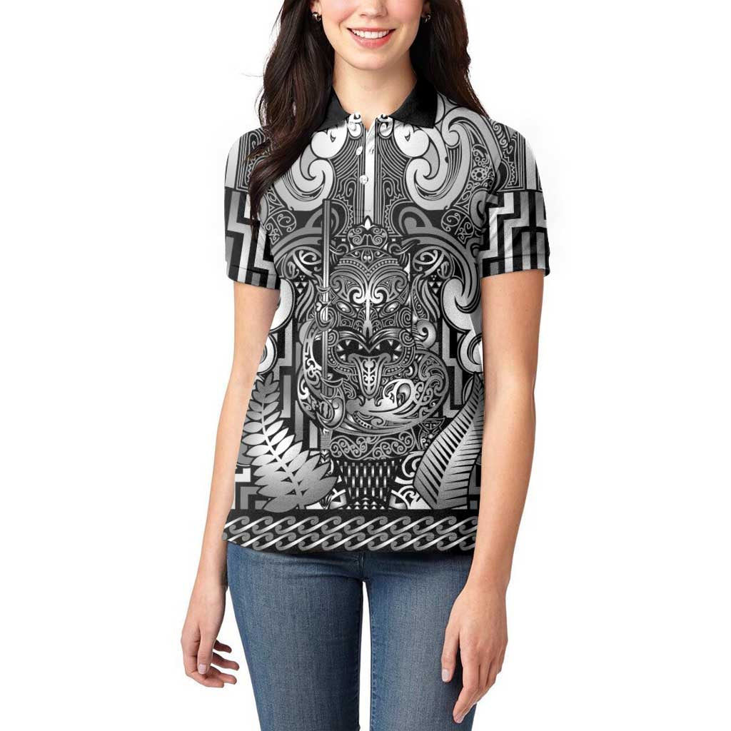 Custom New Zealand Taiaha Maori Women Polo Shirt Kiwikiwi Minimalist Silver Fern Tukutuku Motif LT9 - Polynesian Pride
