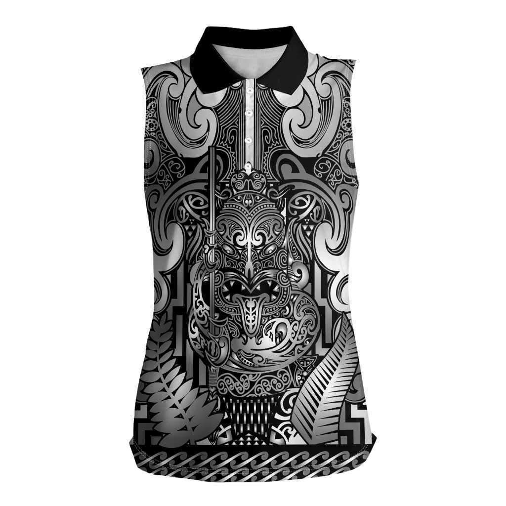Custom New Zealand Taiaha Maori Women Sleeveless Polo Shirt Kiwikiwi Minimalist Silver Fern Tukutuku Motif LT9 Female White - Polynesian Pride