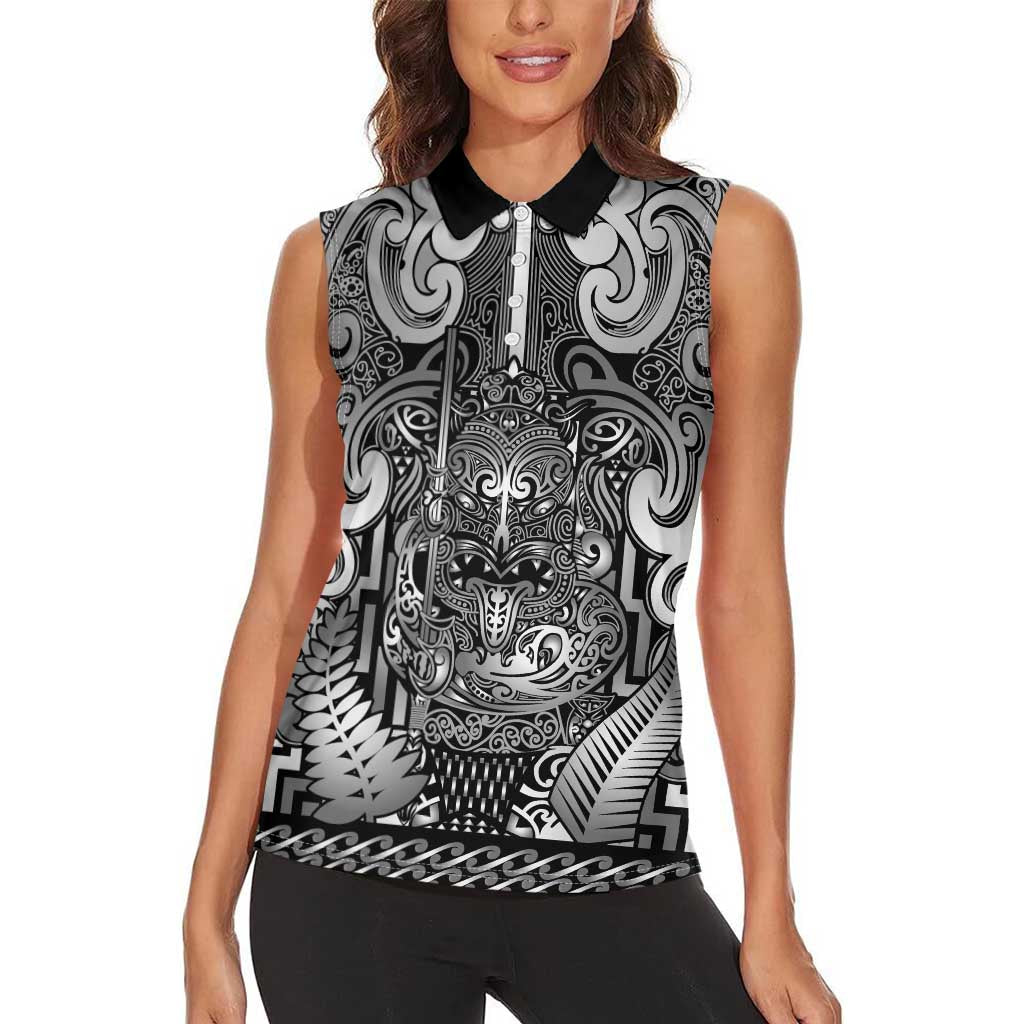 Custom New Zealand Taiaha Maori Women Sleeveless Polo Shirt Kiwikiwi Minimalist Silver Fern Tukutuku Motif LT9 - Polynesian Pride