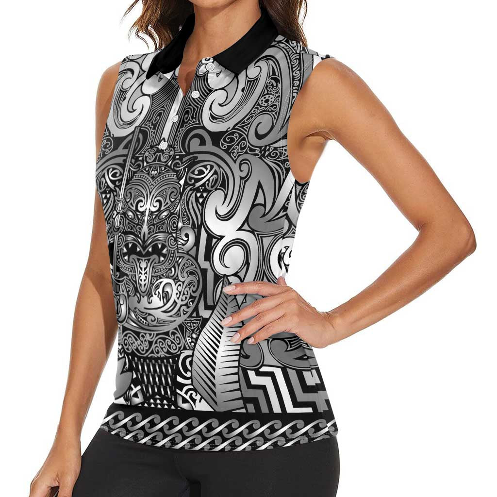 Custom New Zealand Taiaha Maori Women Sleeveless Polo Shirt Kiwikiwi Minimalist Silver Fern Tukutuku Motif LT9 - Polynesian Pride