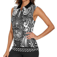 Custom New Zealand Taiaha Maori Women Sleeveless Polo Shirt Kiwikiwi Minimalist Silver Fern Tukutuku Motif LT9 - Polynesian Pride