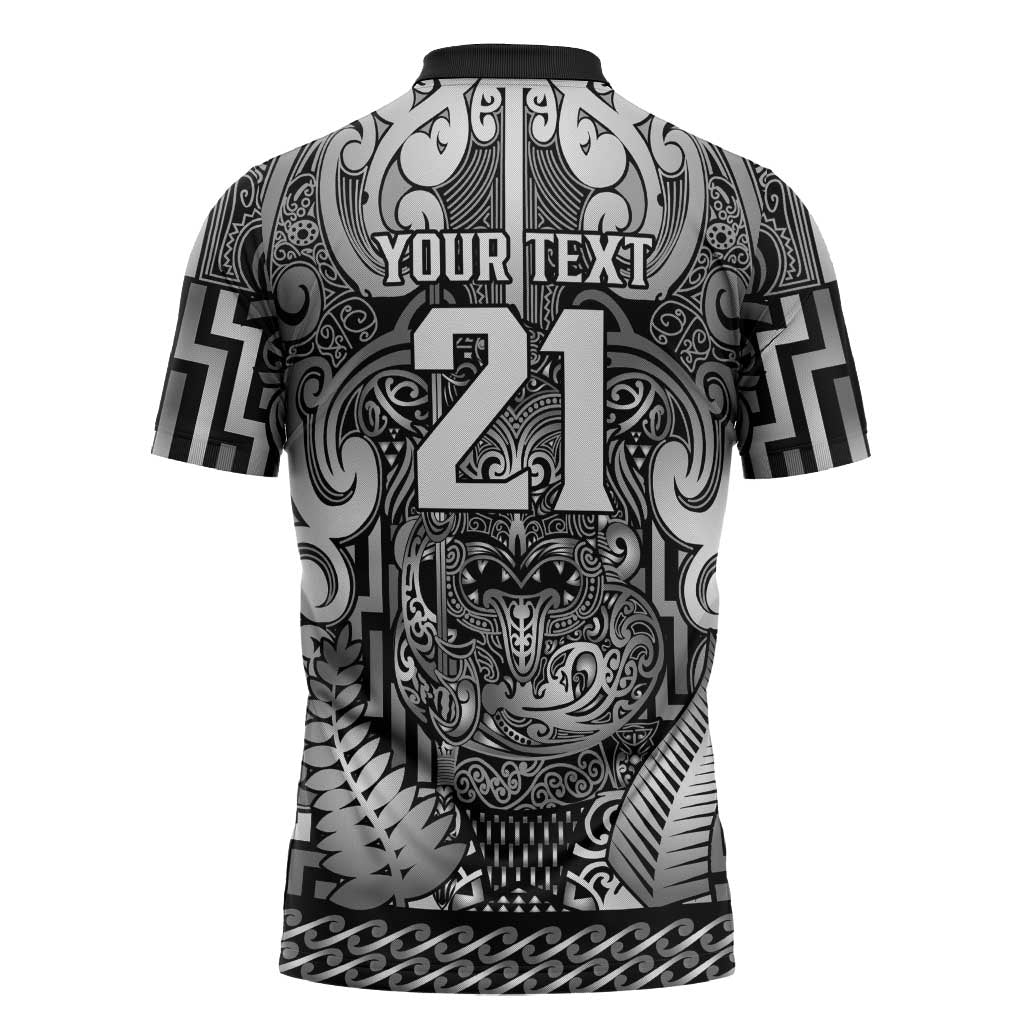 Custom New Zealand Taiaha Maori Zipper Polo Shirt Kiwikiwi Minimalist Silver Fern Tukutuku Motif LT9 - Polynesian Pride