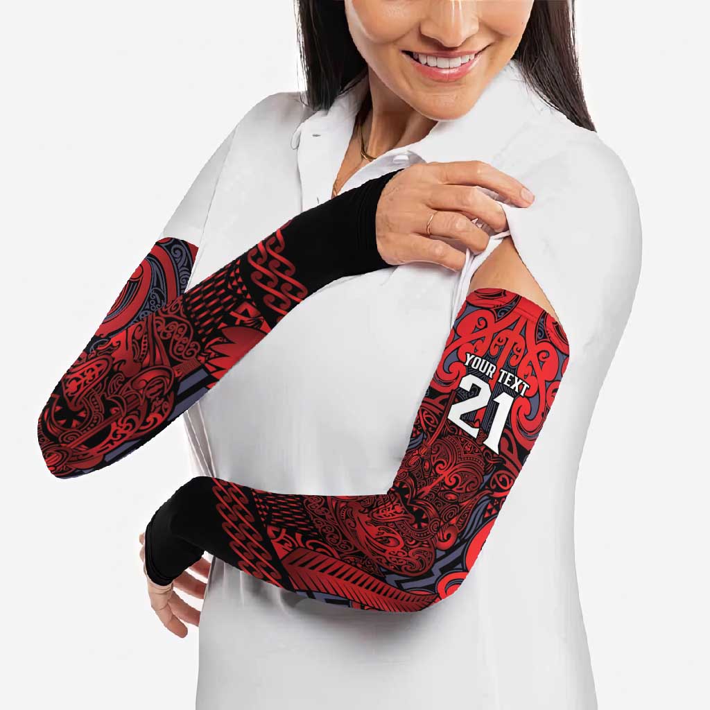 Custom New Zealand Taiaha Maori Arm Sleeves Whero Minimalist Silver Fern Tukutuku Motif LT9 - Polynesian Pride