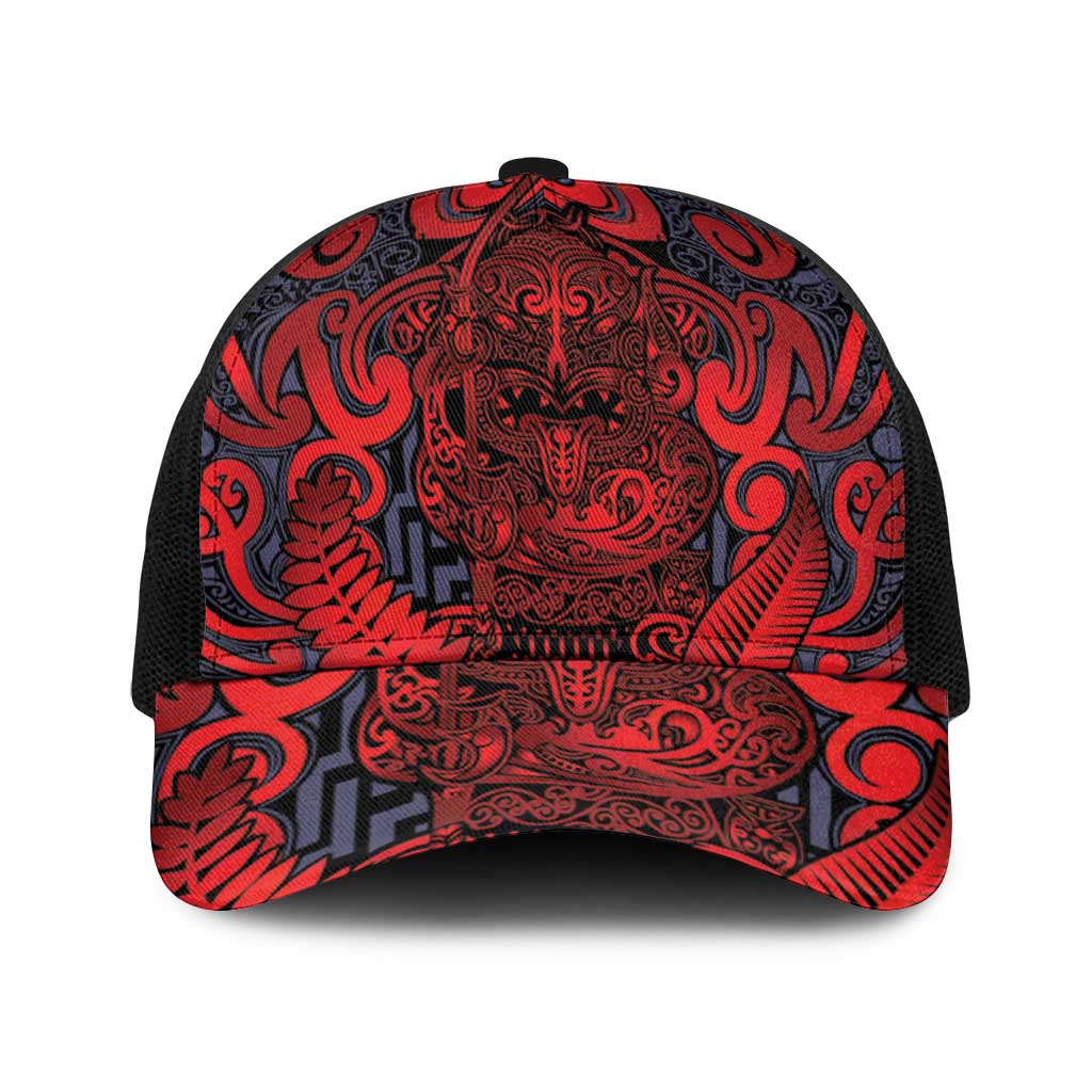 New Zealand Taiaha Maori Baseball Net Cap Whero Minimalist Silver Fern Tukutuku Motif