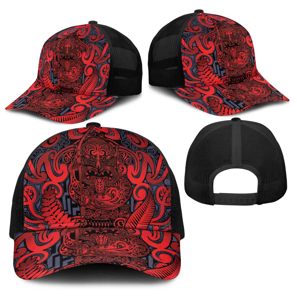 New Zealand Taiaha Maori Baseball Net Cap Whero Minimalist Silver Fern Tukutuku Motif LT9 - Polynesian Pride