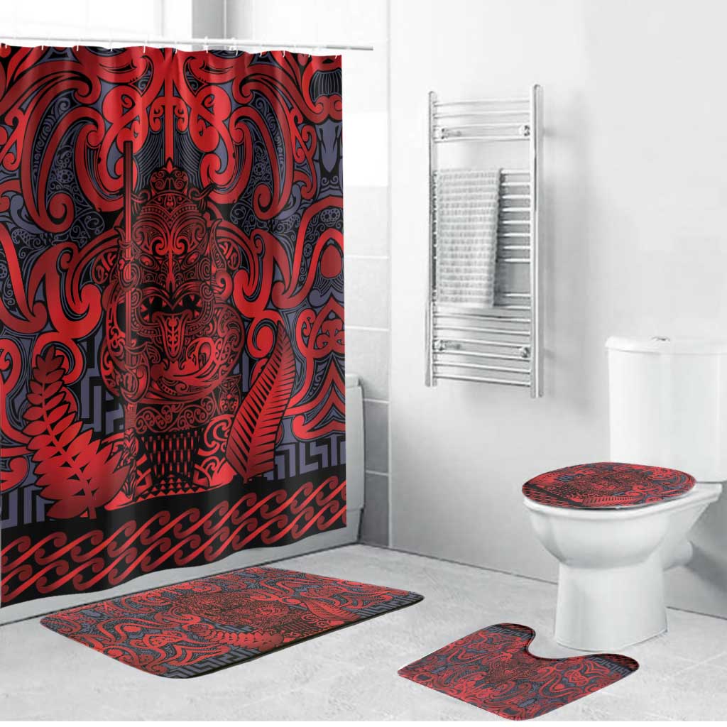 New Zealand Taiaha Maori Bathroom Set Whero Minimalist Silver Fern Tukutuku Motif LT9 Bathroom Set (4 pcs) Red - Polynesian Pride