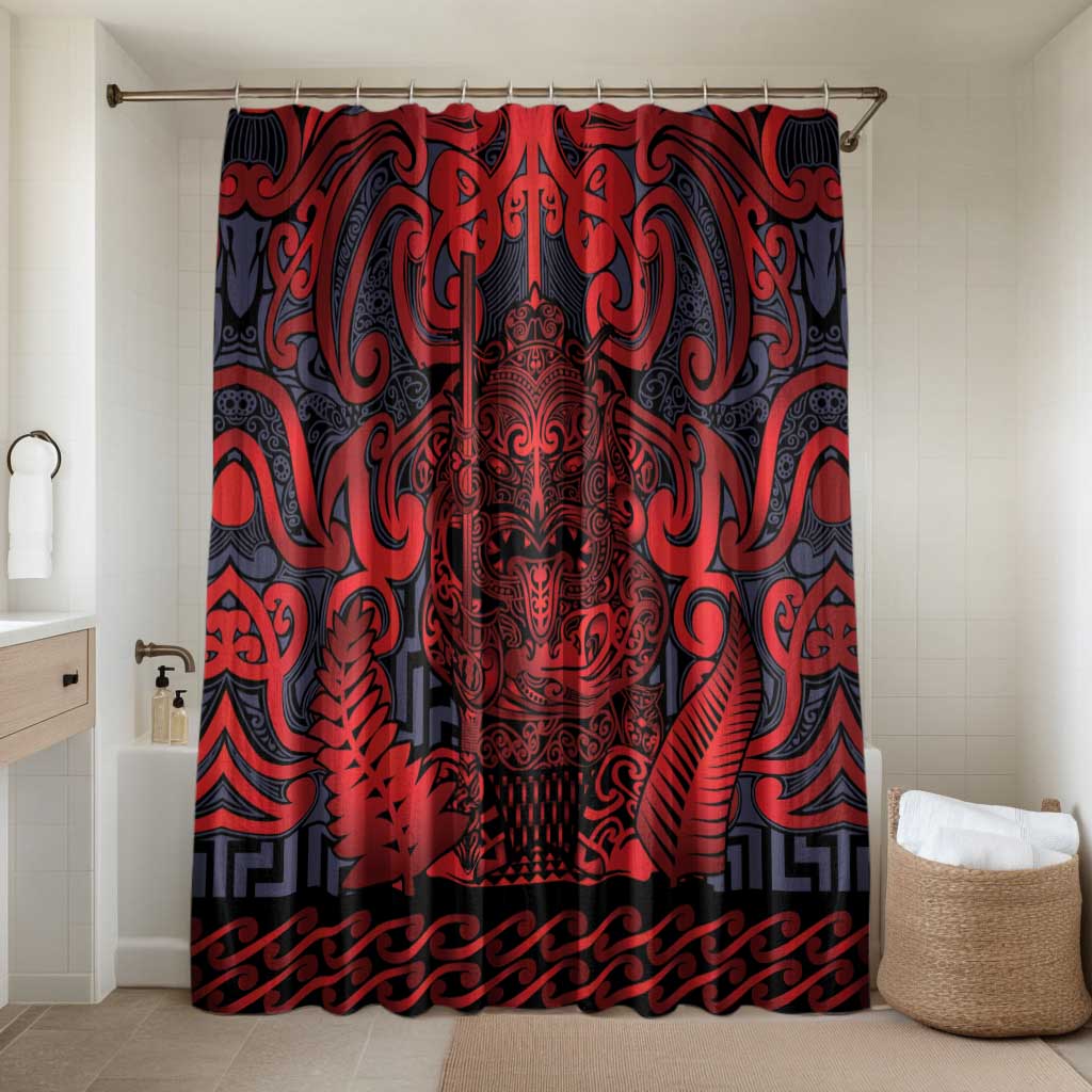 New Zealand Taiaha Maori Bathroom Set Whero Minimalist Silver Fern Tukutuku Motif LT9 Shower Curtain Only Red - Polynesian Pride