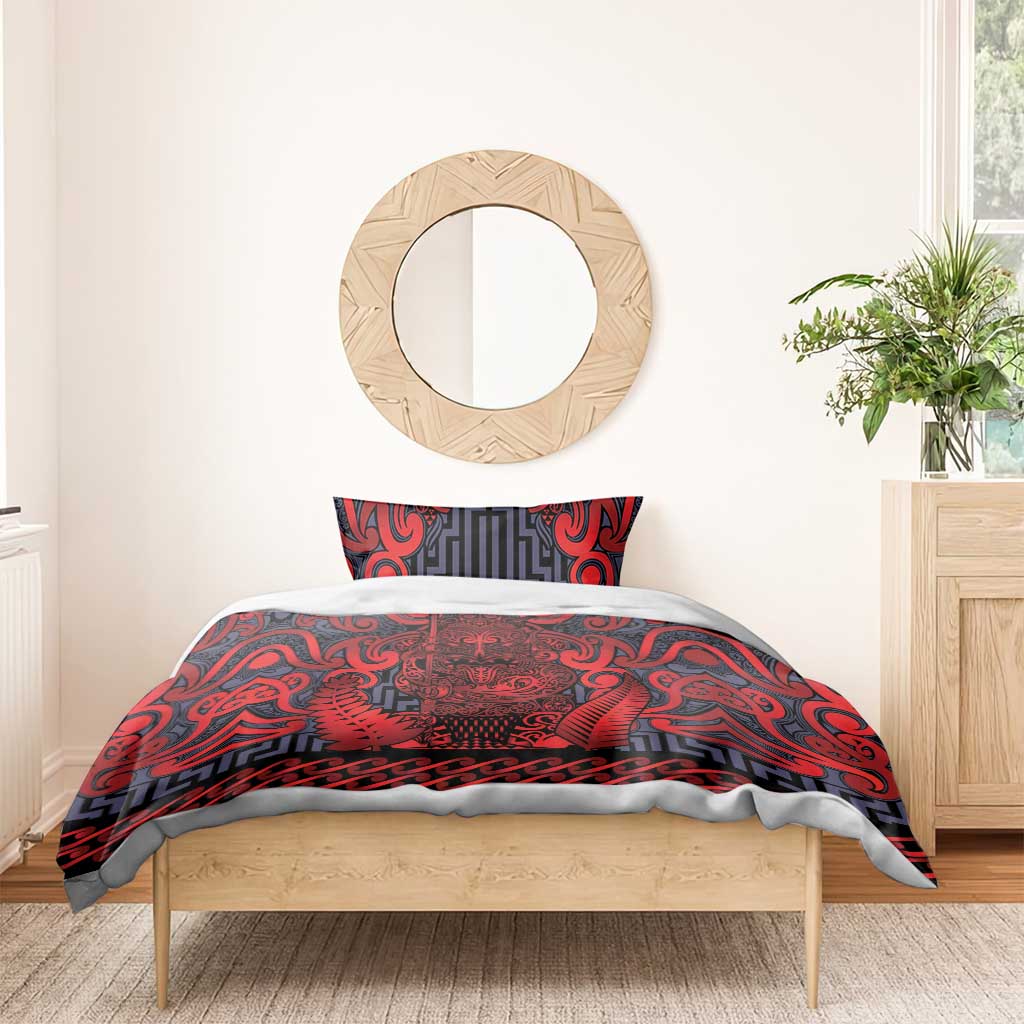 New Zealand Taiaha Maori Bedding Set Whero Minimalist Silver Fern Tukutuku Motif LT9 - Polynesian Pride